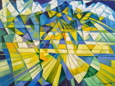 Painting titled "Cubism-mountains-3…" by Artsrun Asatryan, Original Artwork, Oil Mounted on Wood Stretcher frame