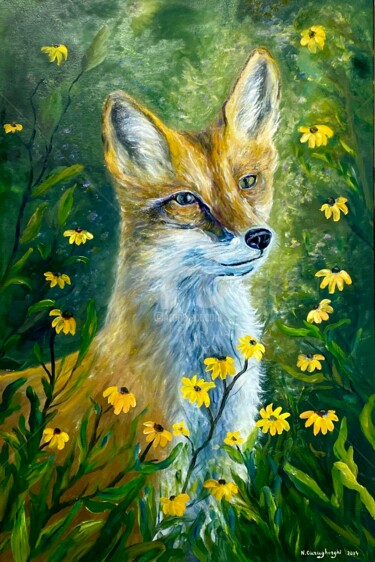 Painting titled "Foxy" by Natalia Caragherghi "Naty", Original Artwork, Oil Mounted on Wood Stretcher frame