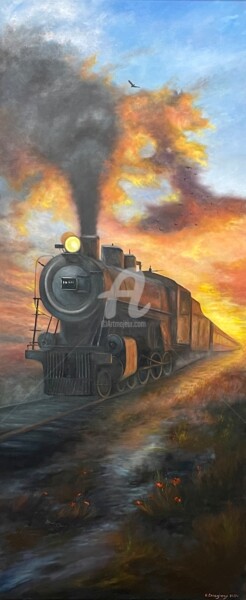 Pittura intitolato "Un treno dal passato" da Natalia Caragherghi "Naty", Opera d'arte originale, Olio