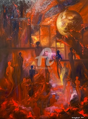 Painting titled "Il primo quarto" by Natalia Caragherghi "Naty", Original Artwork, Oil Mounted on Wood Stretcher frame