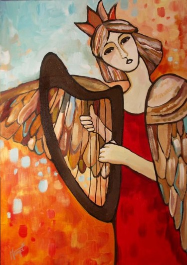 Peinture intitulée "anioł gra na harfie" par Artstudiopolak, Œuvre d'art originale
