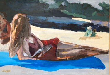 Malarstwo zatytułowany „lecture à la plage” autorstwa Sylvie Loisy, Oryginalna praca, Akryl Zamontowany na Drewniana rama no…