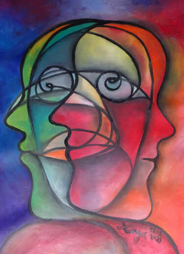 Painting titled "Faces 13092023" by Tanya Galstian, Original Artwork, Oil Mounted on Wood Stretcher frame