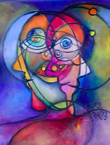 Painting titled "FACES 10022023" by Tanya Galstian, Original Artwork, Oil Mounted on Wood Stretcher frame