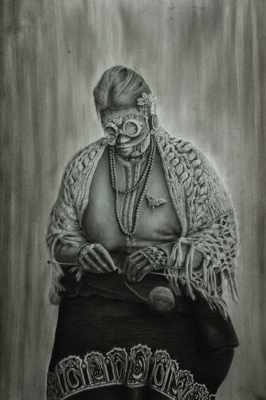 Tekening getiteld ""Steampunk Lady"" door Artur Hausmann, Origineel Kunstwerk, Houtskool Gemonteerd op Plexiglas