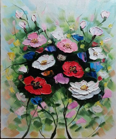 Painting titled "field flowers" by Artur Minasyan, Original Artwork, Oil Mounted on Wood Stretcher frame