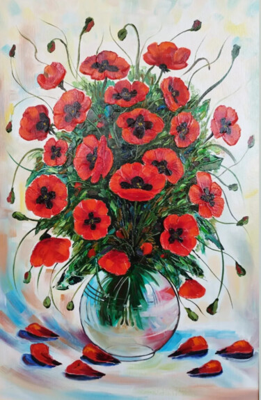 Schilderij getiteld "Fielf flowers" door Artur Minasyan, Origineel Kunstwerk, Olie Gemonteerd op Houten paneel