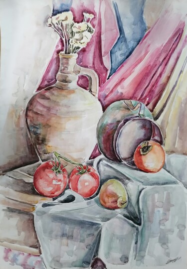 Malerei mit dem Titel "Wine jug and antiqu…" von Artur Minasyan, Original-Kunstwerk, Aquarell