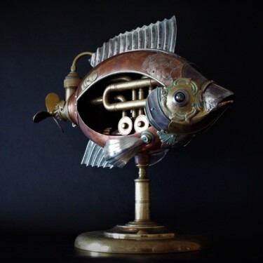 Scultura intitolato "Fish machine" da Artūras Tamašauskas, Opera d'arte originale, Metalli