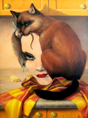 Schilderij getiteld "The cat 60x80cm, oi…" door Artush, Origineel Kunstwerk, Olie