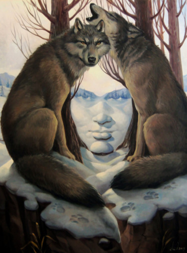 Painting titled "She - Wolf (60x80cm…" by Artush, Original Artwork, Oil Mounted on Wood Stretcher frame