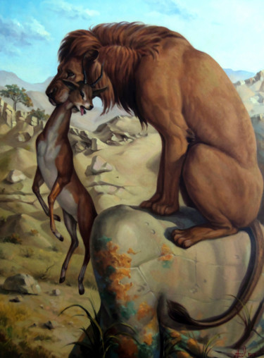 Painting titled "Lion's hunting (60x…" by Artush, Original Artwork, Oil Mounted on Wood Stretcher frame