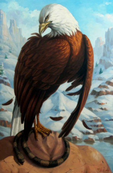Painting titled "White-headed eagle…" by Artush, Original Artwork, Oil Mounted on Wood Stretcher frame