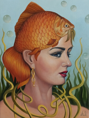 「The golden fish 30x…」というタイトルの絵画 Artushによって, オリジナルのアートワーク, オイル ウッドストレッチャーフレームにマウント