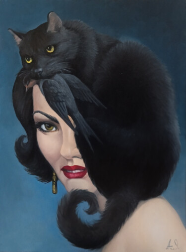 Painting titled "Black cat 30x40cm,…" by Artush, Original Artwork, Oil Mounted on Wood Stretcher frame