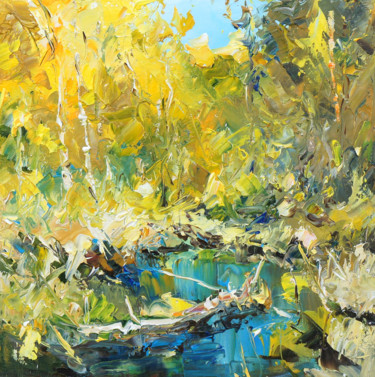 Painting titled "Golden autumn. 30x3…" by Valeriy Ushkov, Original Artwork, Oil Mounted on Wood Stretcher frame