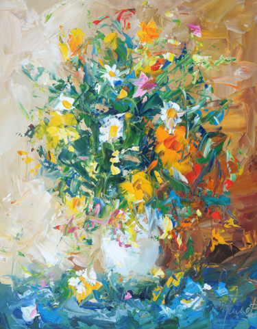 Painting titled "Bouquet of flowers…" by Valeriy Ushkov, Original Artwork, Oil Mounted on Wood Stretcher frame