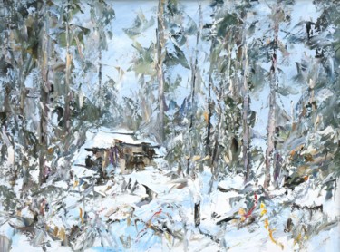 Painting titled "Hut forester." by Valeriy Ushkov, Original Artwork, Oil