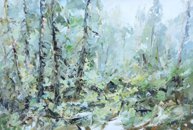 Painting titled "Туманное утро. 70х1…" by Valeriy Ushkov, Original Artwork, Oil Mounted on Wood Stretcher frame