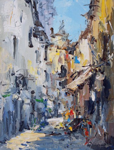 Painting titled "Old city.  The stre…" by Valeriy Ushkov, Original Artwork, Oil