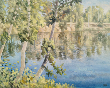Painting titled "The lake in the for…" by Marius Vancea, Original Artwork, Oil