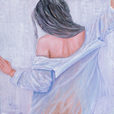 A girl in a men's shirt Painting titled "A girl in a men's s…" by Galina Vasiljeva, Original Art, Oil
