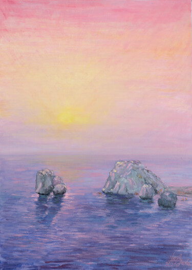 Petra tou Romiou . Aphrodite's Rock in the rays of sunset. Pintura intitulada "Petra tou Romiou .…" por Galina Vasiljeva, Obras de arte originais, Óleo