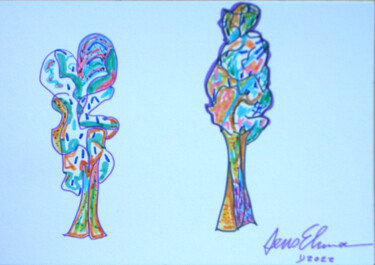 Disegno intitolato "Titel: Zwei Bäume -…" da Jens Ehmann, Opera d'arte originale, Pennarello