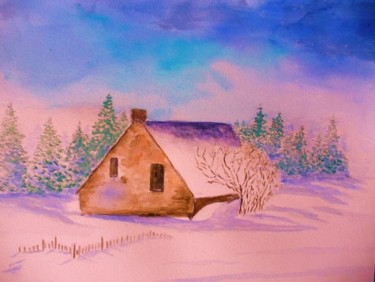 Peinture intitulée "Cabane dans la neige" par Artverne, Œuvre d'art originale