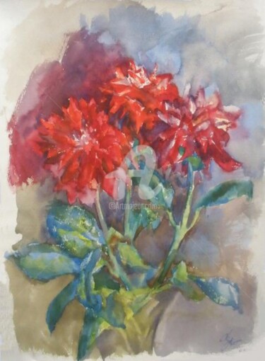 Картина под названием "Красные хризантемы…" - Artjulia Klymenko, Подлинное произведение искусства