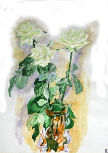 Painting titled "White roses" by Artjulia Klymenko, Original Artwork, Watercolor