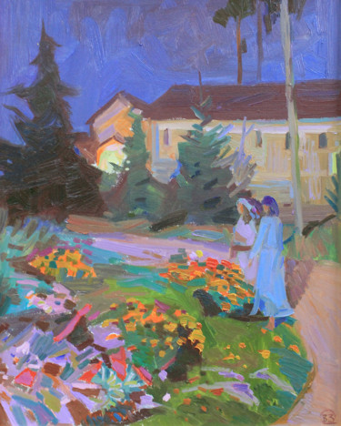 Картина под названием "Evening flowers" - Vladislav Zadvorsky, Подлинное произведение искусства, Масло