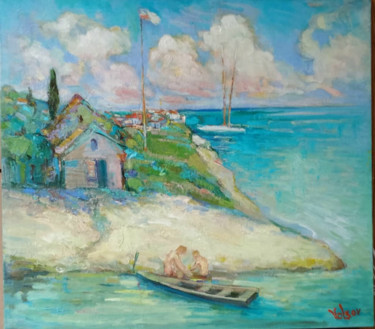Painting titled "By the old boat" by Viktor Volkov, Original Artwork, Oil