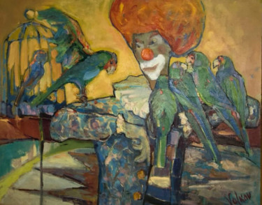 Painting titled "Clown with parrots" by Viktor Volkov, Original Artwork, Oil