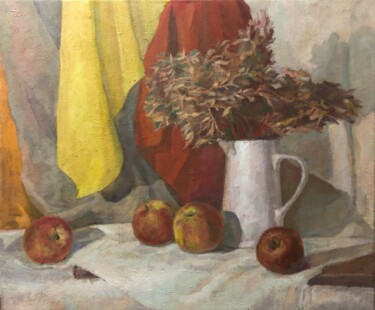 Still life with red apple and white vase Oil Painting Canvas Peinture intitulée "Still life with red…" par Vsevolod Chistiakov, Œuvre d'art originale, Huile