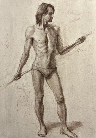 Tekening getiteld "Young man, charcoal…" door Vsevolod Chistiakov, Origineel Kunstwerk, Houtskool