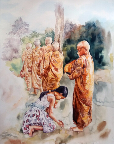 Painting titled "Buddhist Monk with…" by Rangana, Original Artwork, Watercolor
