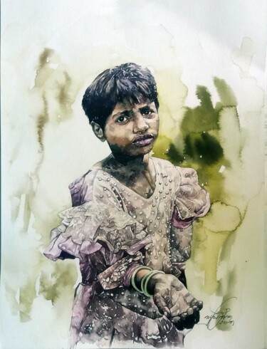 Painting titled "The sad girl" by Rangana, Original Artwork, Watercolor