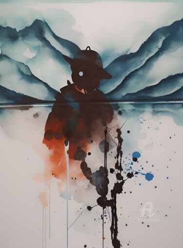 Estampas & grabados titulada "Watercolor blue mon…" por Artynkom, Obra de arte original, Acuarela