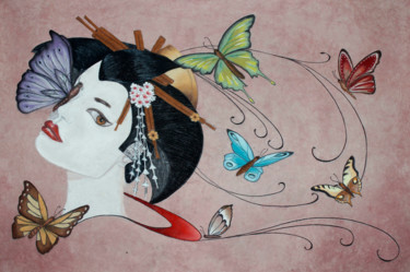 Peinture intitulée "Geisha aux papillon…" par Isabelle Nicolazzo - Zazou, Œuvre d'art originale, Pastel