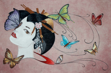 Painting titled "Geisha aux papillon…" by Isabelle Nicolazzo - Zazou, Original Artwork, Pastel