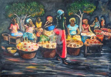 Peinture intitulée "un marché de nuit" par Ziki, Œuvre d'art originale, Acrylique