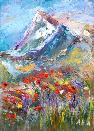 Schilderij getiteld "Mountain landscape" door Elena Gridneva, Origineel Kunstwerk, Olie