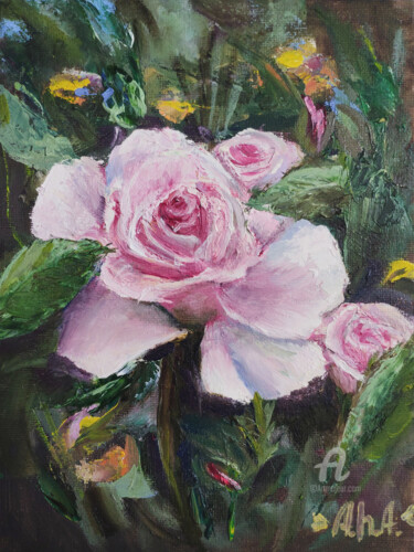 Malarstwo zatytułowany „Rose in the garden” autorstwa Elena Gridneva, Oryginalna praca, Olej