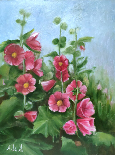 Painting titled "Mallows Painting Fl…" by Elena Gridneva, Original Artwork, Oil