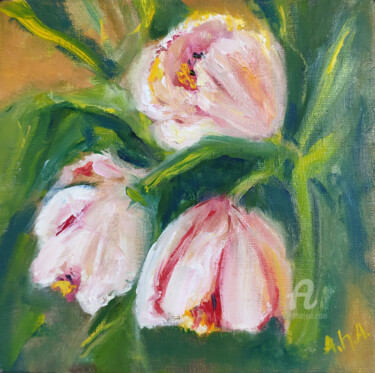 Painting titled "Tulips Painting Pin…" by Elena Gridneva, Original Artwork, Oil