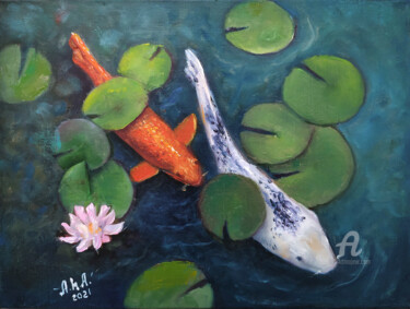 Painting titled "Koi FISH painting" by Elena Gridneva, Original Artwork, Oil
