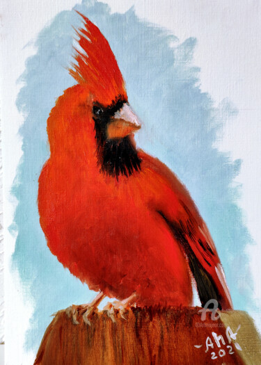 Schilderij getiteld "Red Cardinal" door Elena Gridneva, Origineel Kunstwerk, Olie