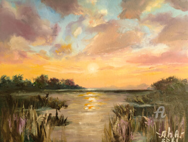 Картина под названием "Golden sunset" - Elena Gridneva, Подлинное произведение искусства, Масло