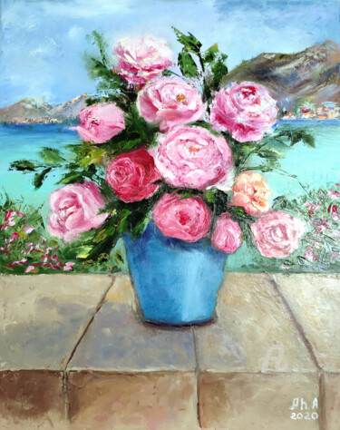 Картина под названием "Pink roses oil pain…" - Elena Gridneva, Подлинное произведение искусства, Масло